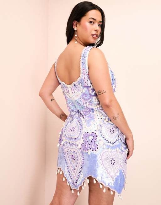 ASOS LUXE Curve - Vestito corto blu con pietre, perline e bordi smerlati, 3 di 4