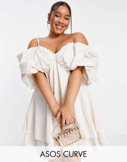 ASOS LUXE Curve - Vestito corto color pietra con scollo alla Bardot a palloncino