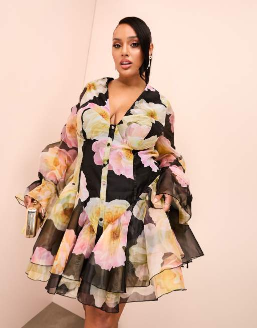 ASOS Luxe Curve - Vestito corto in organza nero a fiori con coppe