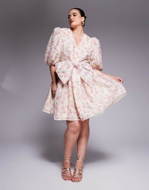 ASOS LUXE Curve - Vestito corto jacquard con stampa a fiori, fiocco e maniche a sbuffo - view 1