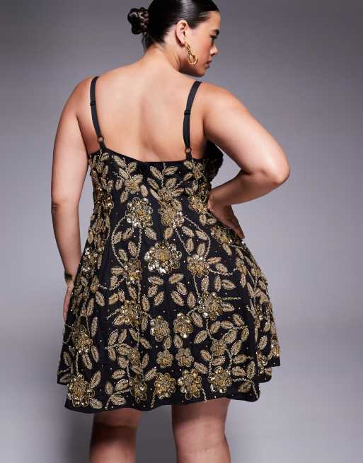 ASOS LUXE Curve - Vestito corto nero decorato a fiori con gonna strutturata, 4 di 4