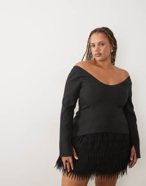 ASOS LUXE Curve - Vestito corto strutturato a maniche lunghe nero con gonna in piume sintetiche - view 1