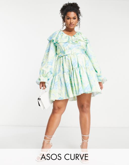 ASOS LUXE Curve - Vestito grembiule in twill marmorizzato con scollo a V e cintura