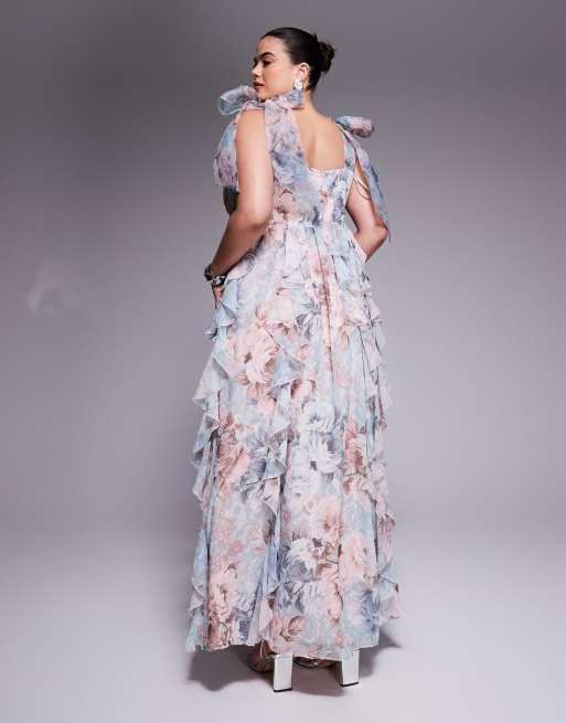 ASOS LUXE Curve - Vestito lungo con stampa a fiori, volant a cascata e spalline allacciate, 3 di 4