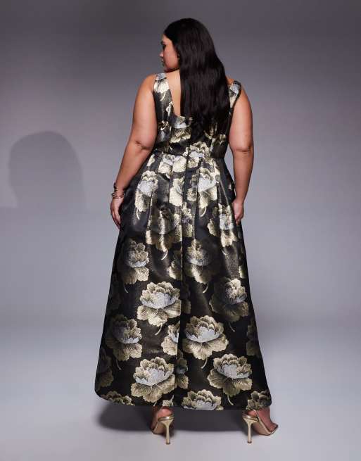 ASOS LUXE Curve - Vestito lungo nero e oro jacquard con fiore 3D, 3 di 4