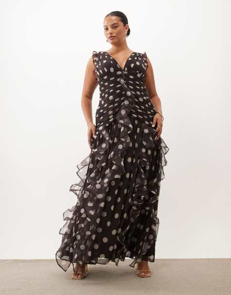 ASOS LUXE Curve vestito maxi arricciato con dettaglio a cascata in fantasia cioccolato - view 1