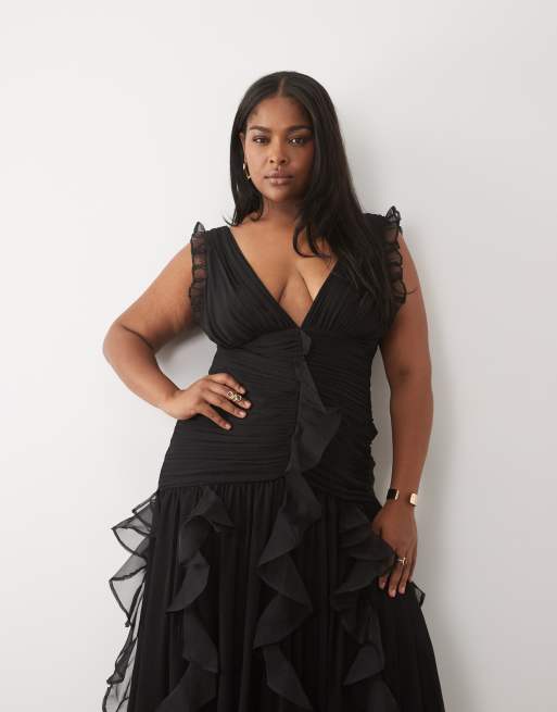 ASOS LUXE Curve vestito maxi arricciato con dettaglio a cascata nero, 4 di 4