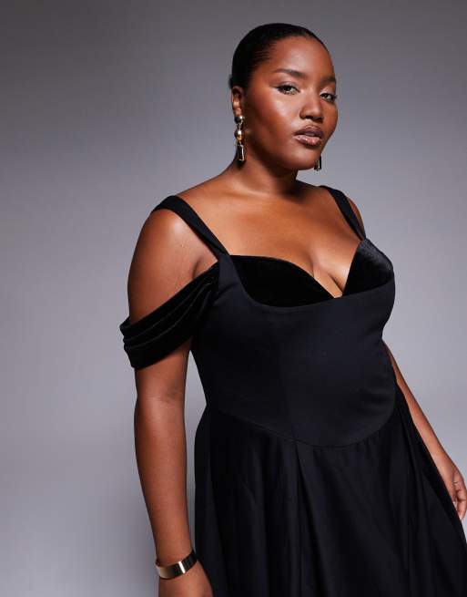 ASOS LUXE Curve - Vestito midi nero con gonna a ruota e inserti in velluto, 2 di 4