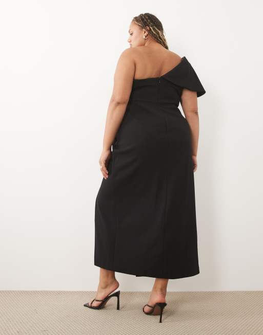 ASOS LUXE Curve - Vestito midi strutturato drappeggiato nero con perle, 4 di 4