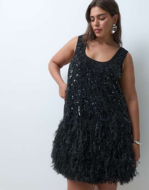 ASOS LUXE Curve vestito mini nero decorato con scollo rotondo e fondo effetto piume sintetiche - view 1