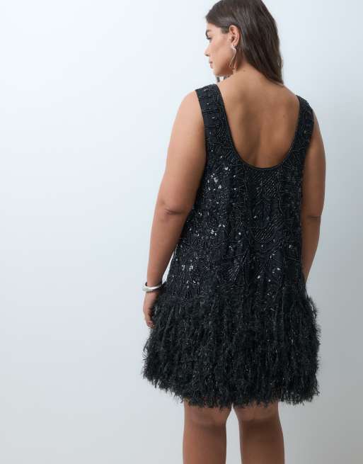 ASOS LUXE Curve vestito mini nero decorato con scollo rotondo e fondo effetto piume sintetiche, 3 di 5