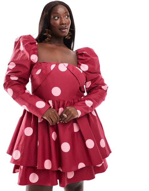 ASOS LUXE Curve - Vestito skater corto strutturato in rasatello di cotone a pois - view 1