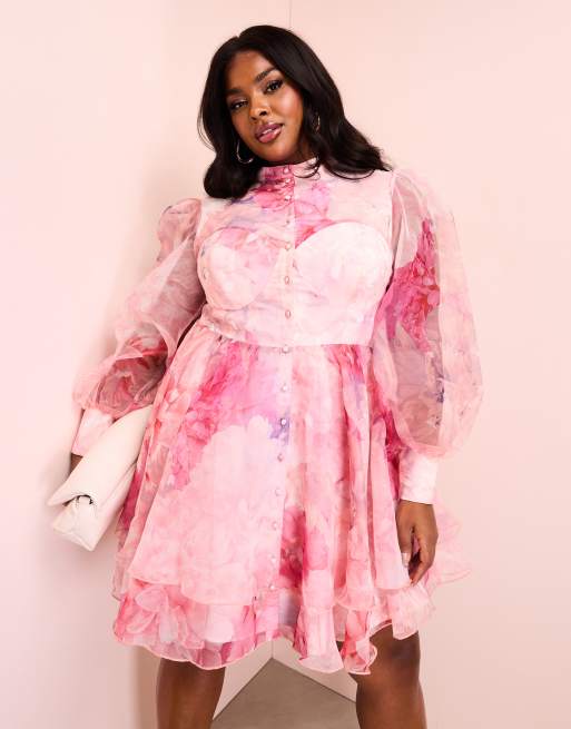 ASOS LUXE Curve - Vestito svasato in organza a fiori con fiocco
