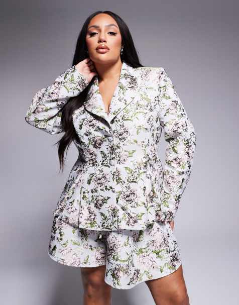 ASOS LUXE Curve – Vintageblommig kavaj i jacquard med snörning, del av set - view 1