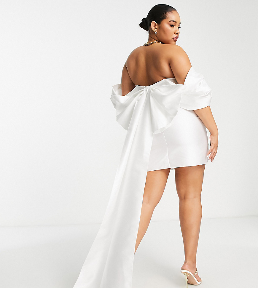Plus-size dress by ASOS LUXE Marriage material Bardot style Sweetheart neck Draped bow to reverse Bodycon fit
