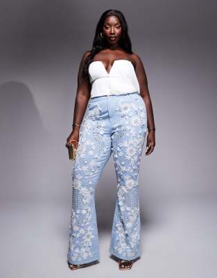 Curve white jewel embellished denim flared jeans in mid wash blue