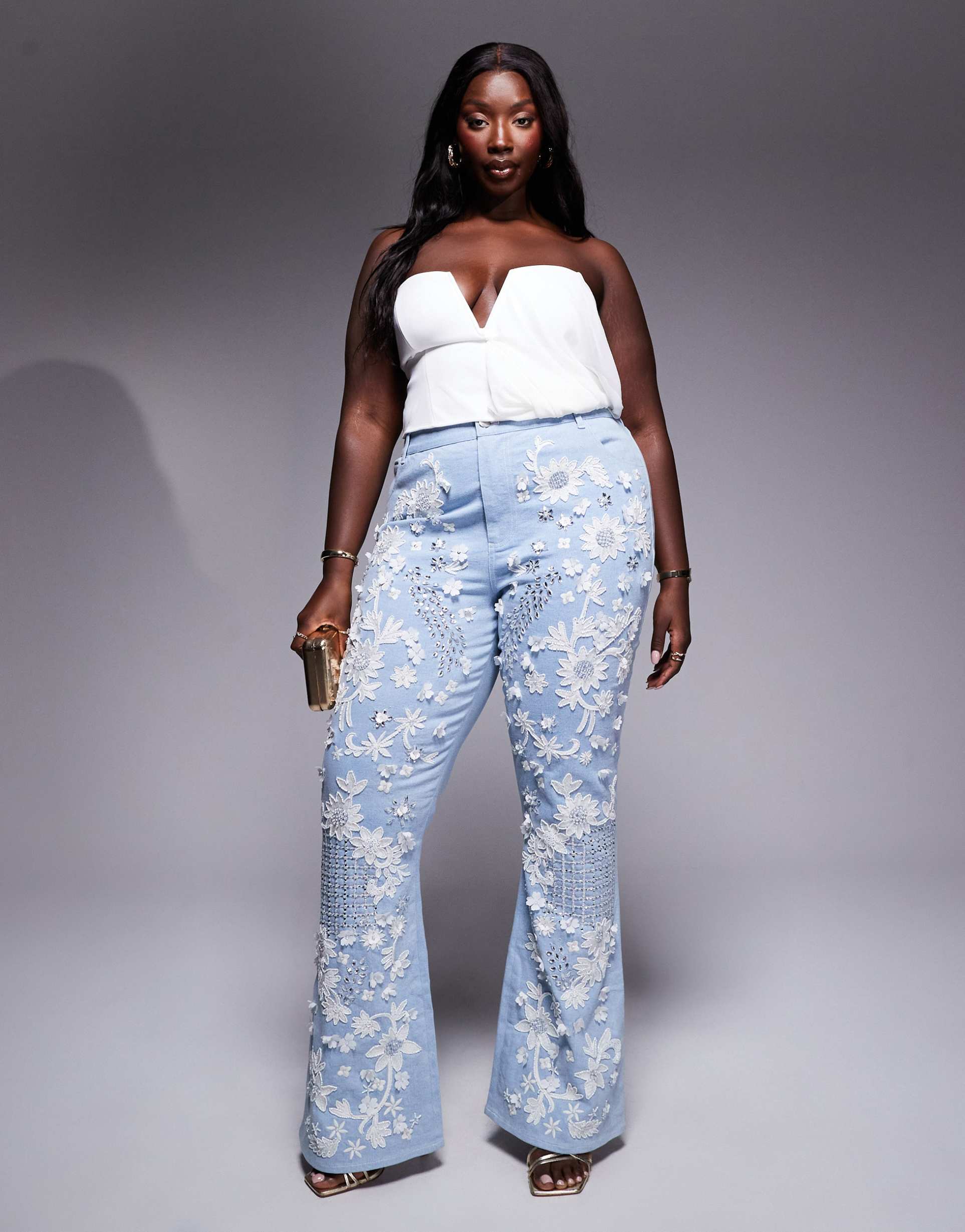 asos luxe curve white jewel embellished denim flared jeans in mid wash blue