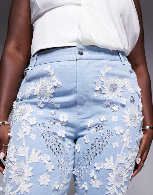 ASOS LUXE Curve white jewel embellished denim flared jeans in mid wash blue, 3 of 4
