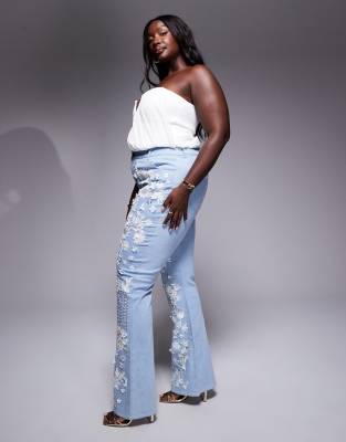 ASOS LUXE Curve white jewel embellished denim flared jeans in mid wash blue