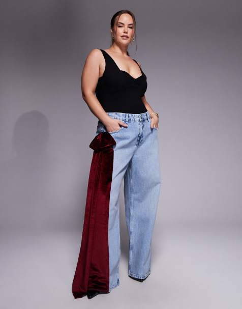 ASOS LUXE curve wide leg jeans with 3D velvet bow detail in light blue