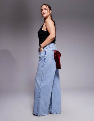 Asos Luxe Curve Wide Leg Jeans With 3d Velvet Bow Detail In Blue