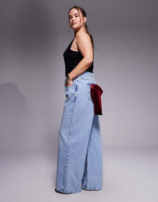ASOS LUXE Curve wide leg jeans with 3D velvet bow detail in light blue, 2 of 5