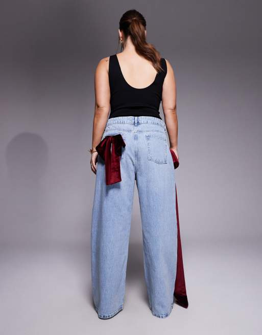 ASOS LUXE Curve wide leg jeans with 3D velvet bow detail in light blue, 3 of 5