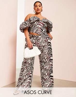 ASOS LUXE Curve wide leg satin pants in zebra print - part of a set-Multi