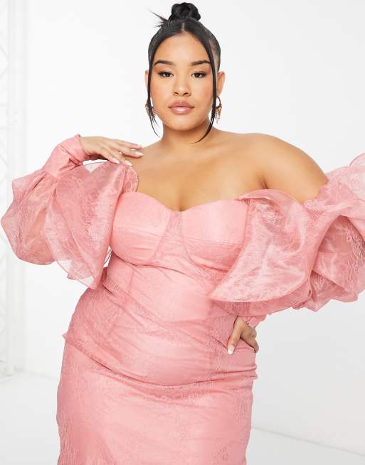 ASOS LUXE Curve wire bardot lace midi dress in pink