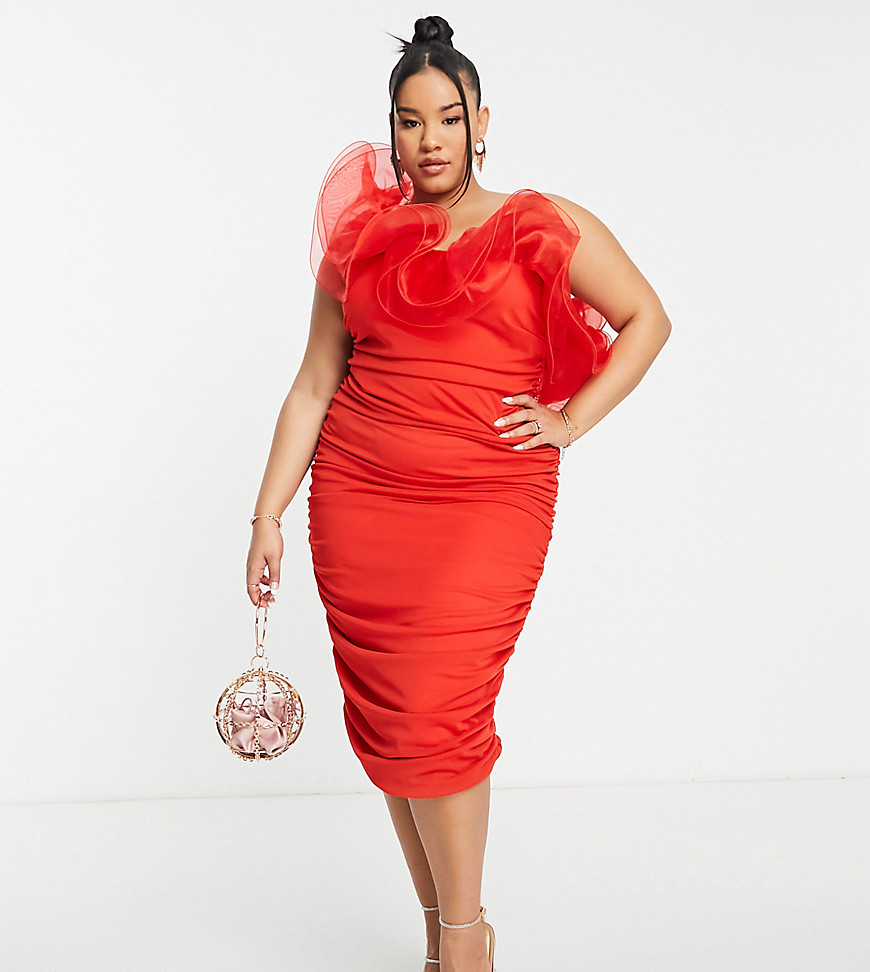 ASOS LUXE Curve wired ruffle one shoulder ruched midi dress in red