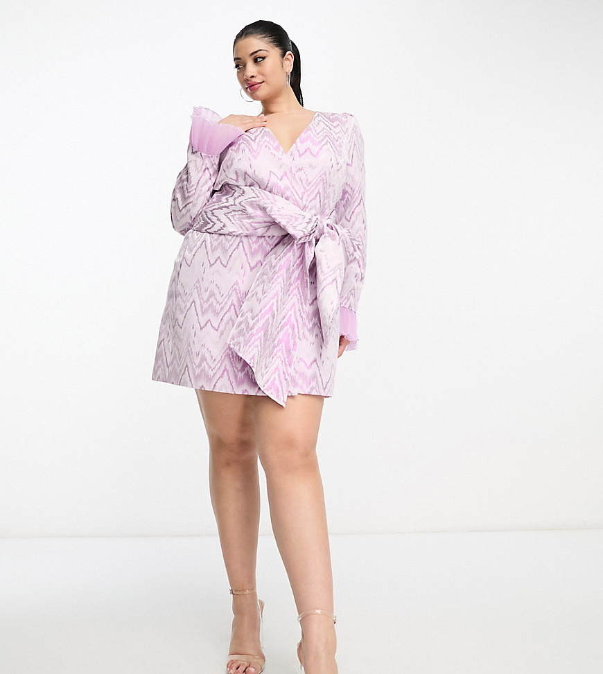 ASOS LUXE Curve wrap long sleeve mini dress in geo jacquard-Purple