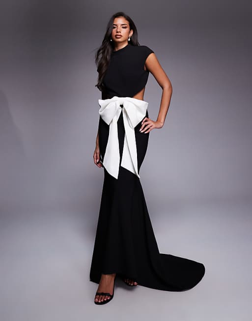 bow maxi dress Blooming Love Floral Print shoulder design with an adjustable strap for a perfect fit Goddiva Off Shoulder Back Satin