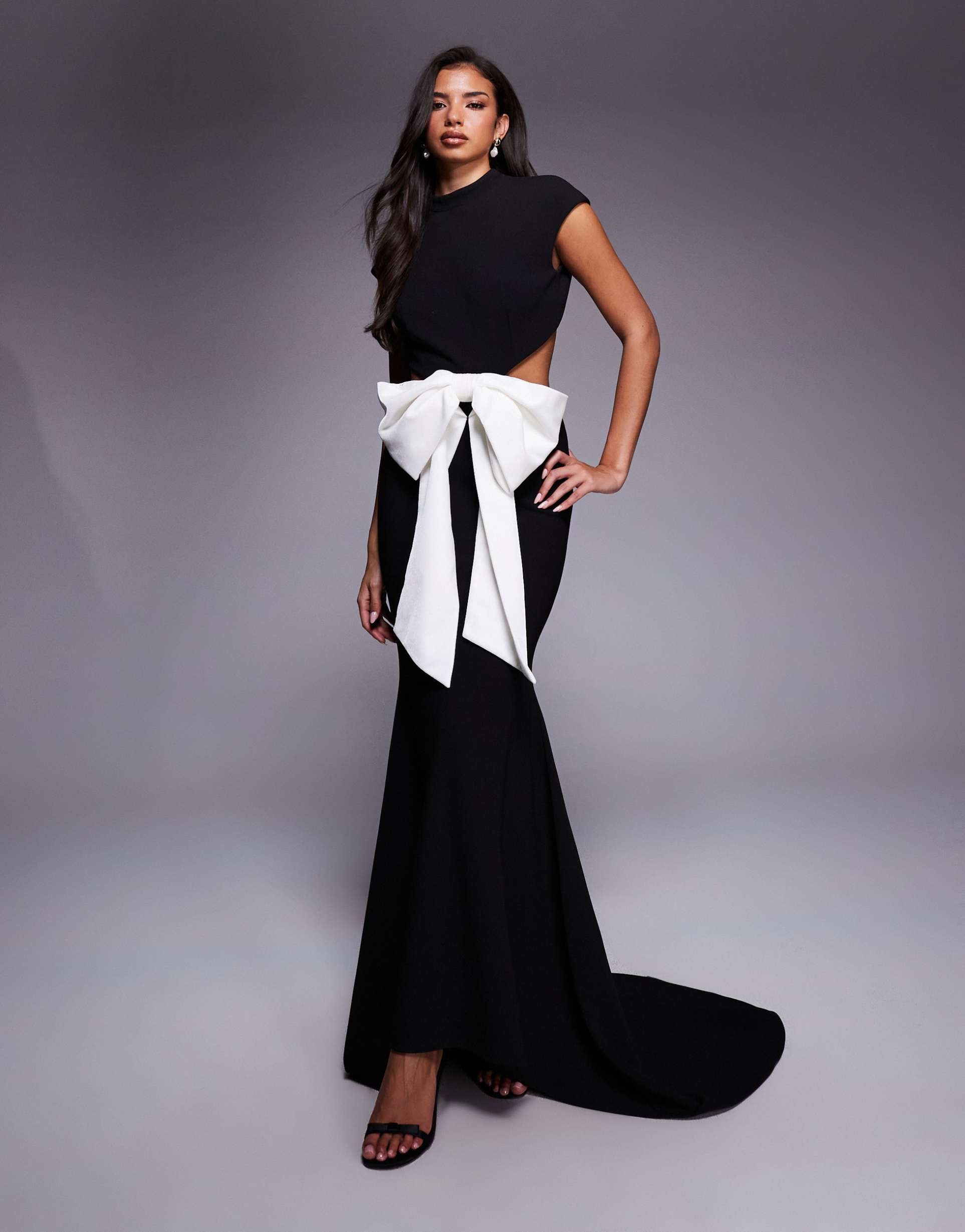 asos luxe cut out maxi dress with contrast bow in black