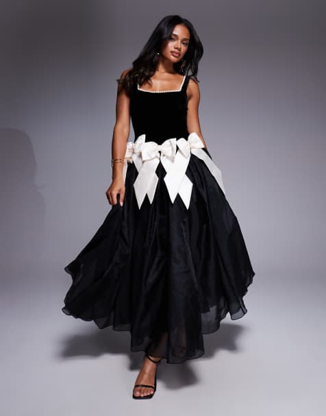 ASOS LUXE velvet maxi dress with pearl embellished neckline in black