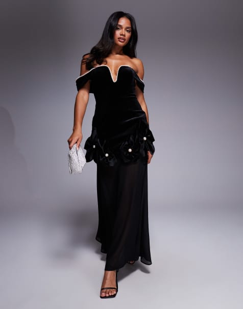 ASOS LUXE velvet off shoulder maxi dress with corsages in black