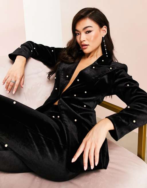ASOS LUXE – Czarna dopasowana marynarka garniturowa z aksamitu z perełkami, część zestawu