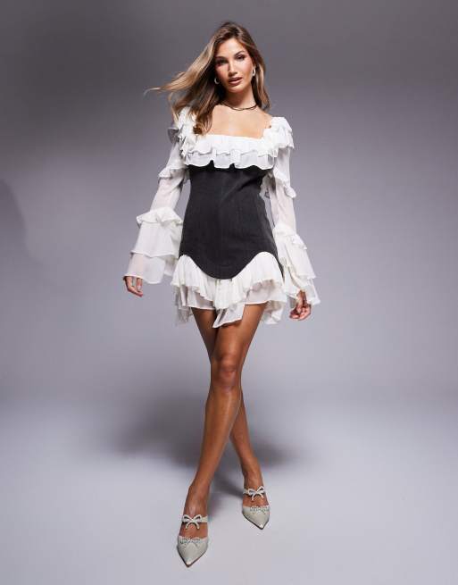 ASOS Luxe – Czarna jeansowa sukienka gorsetowa mini z szyfonowymi rękawami i dołem