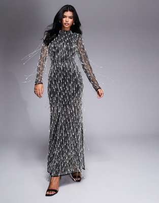 ASOS Luxe – Czarna sukienka maxi zdobiona frędzlami z perełek - view 1