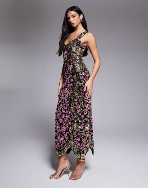 ASOS LUXE embellished beaded maxi dress in black and gold