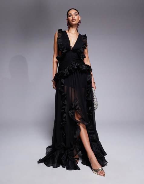ASOS LUXE plunge maxi dress with ruched chiffon detail & open back in black