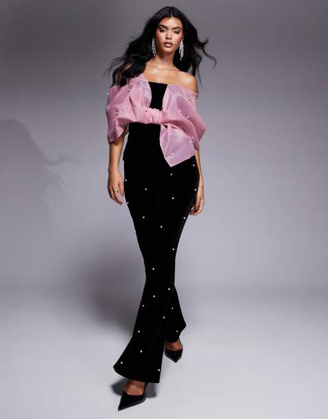 ASOS LUXE velvet co-ord trouser with pearl embellishment in black