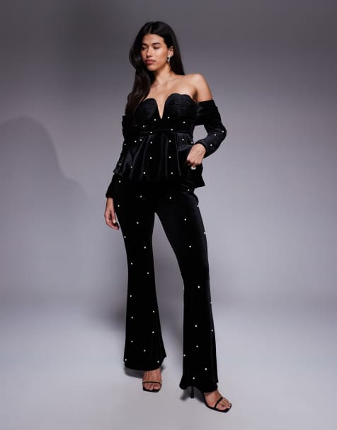 ASOS LUXE – Czarne, aksamitne spodnie zdobione perełkami, część zestawu - view 1