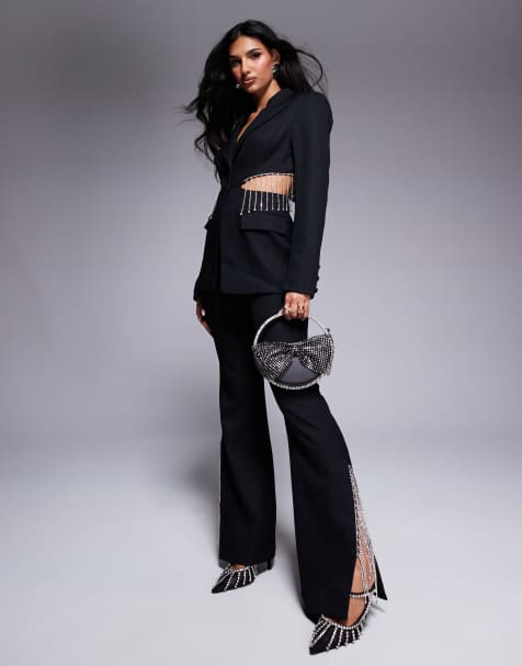 ASOS LUXE co-ord flared trouser with diamante fringing in black