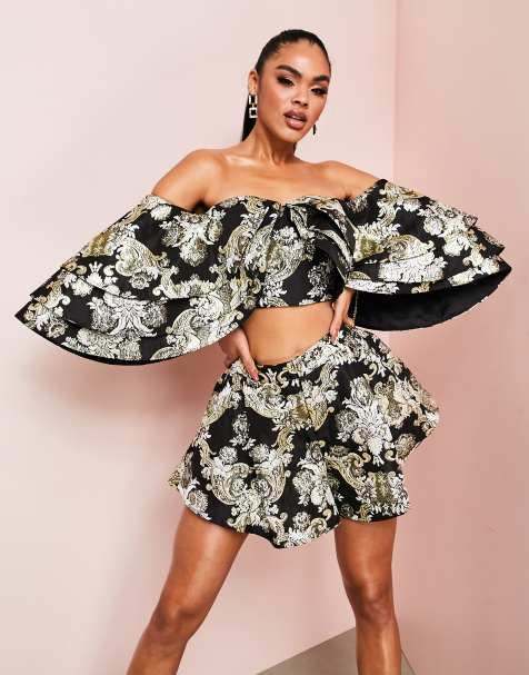 ASOS LUXE – Czarno-złoty żakardowy top typu bardot z trzema falbanami – Część zestawu - view 1
