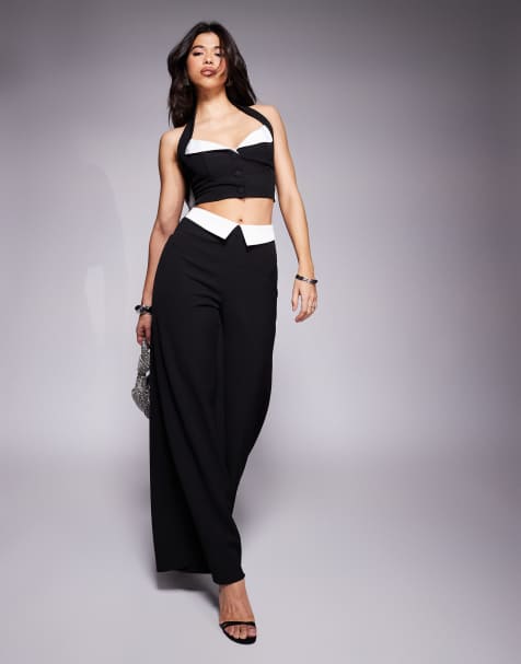 ASOS Luxe – Czarny satynowy zestaw ze spodniami z szerokimi nogawkami i braletką z dekoltem typu halter i kokardką z tyłu - view 1