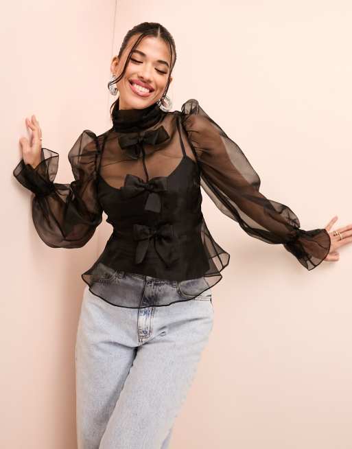 ASOS Luxe – Czarny top z organzy, z długimi rękawami, kokardką i podszewką na ramiączkach 