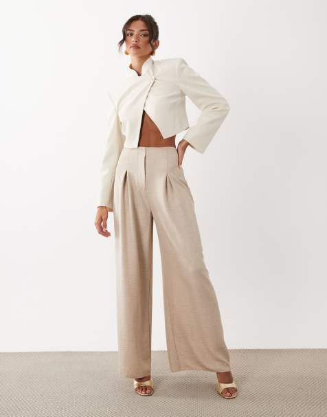 ASOS LUXE deep waistband high waist wide leg pants in beige - part of a set - view 1