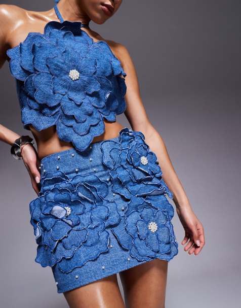 ASOS LUXE denim 3D flower top with pearl embellishment and mini skirt with 3D floral detail co-ord in dark wash blue - view 1