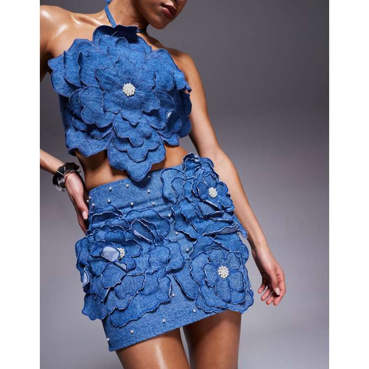 トップス UND 3D FLOWER SKIN TOP Women 3D Flower Halter Neck Crop Tank Top Sleeveless