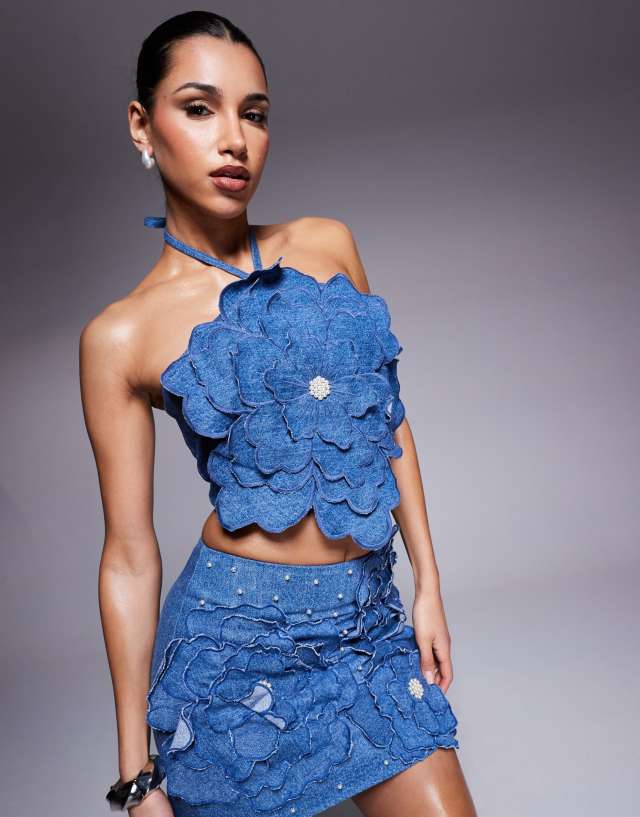 ASOS LUXE denim 3D flower top with pearl embellishment in dark